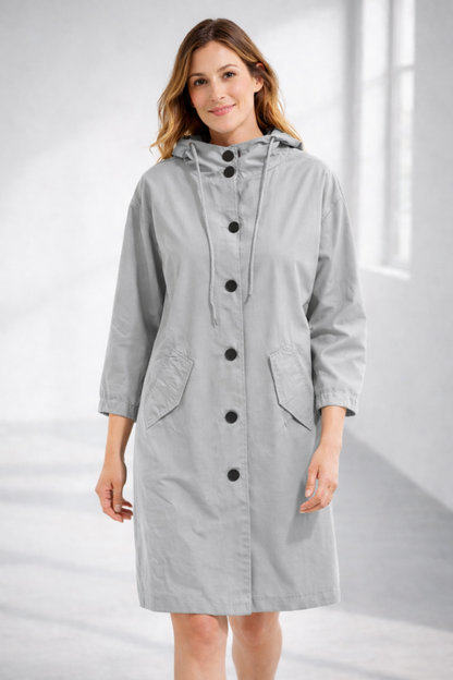 Grey hooded longline winter coat with patch pockets