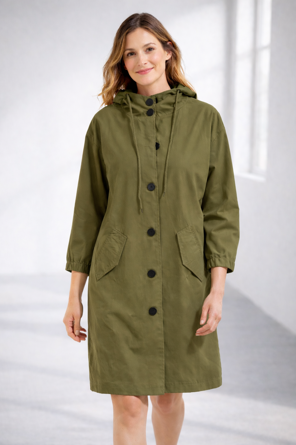 Army Green hooded longline winter coat with patch pockets