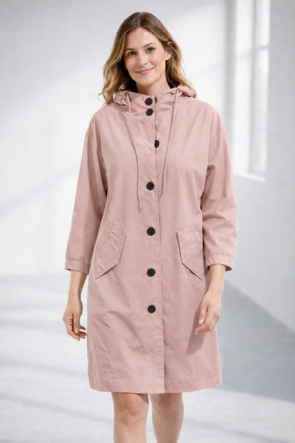 Pink hooded longline winter coat with patch pockets