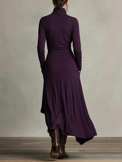 Women Long Dress | Asymmetric Draped Turtleneck Maxi