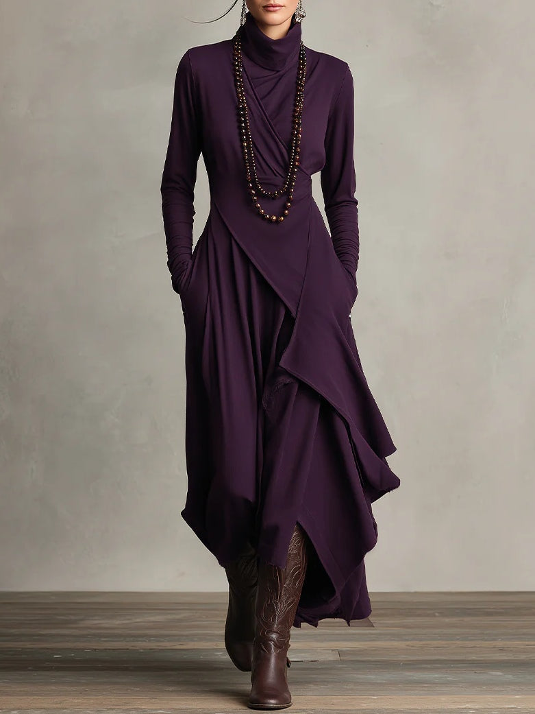 Women Long Dress | Asymmetric Draped Turtleneck Maxi