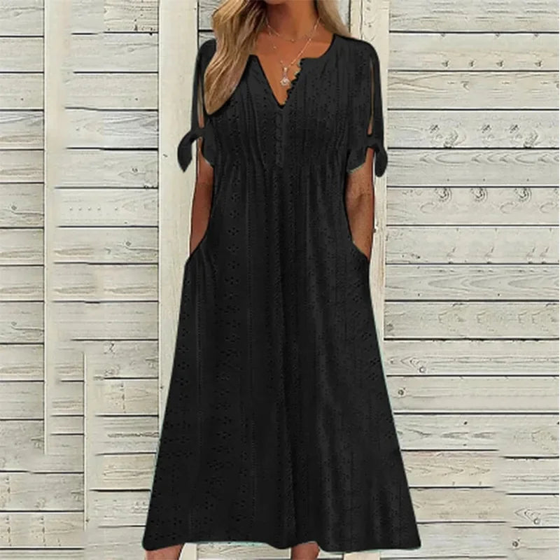 Women Summer Midi Dress | Eyelet Tie-Sleeve Design