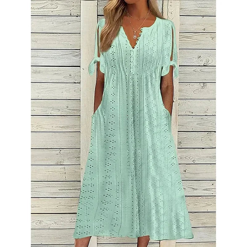 Women Summer Midi Dress | Eyelet Tie-Sleeve Design