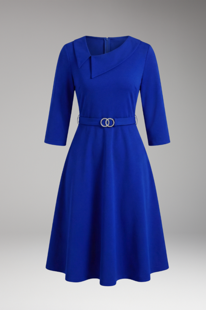 Women's 3/4 Sleeve Festive Dress with Asymmetrical Neckline and Belt 1
