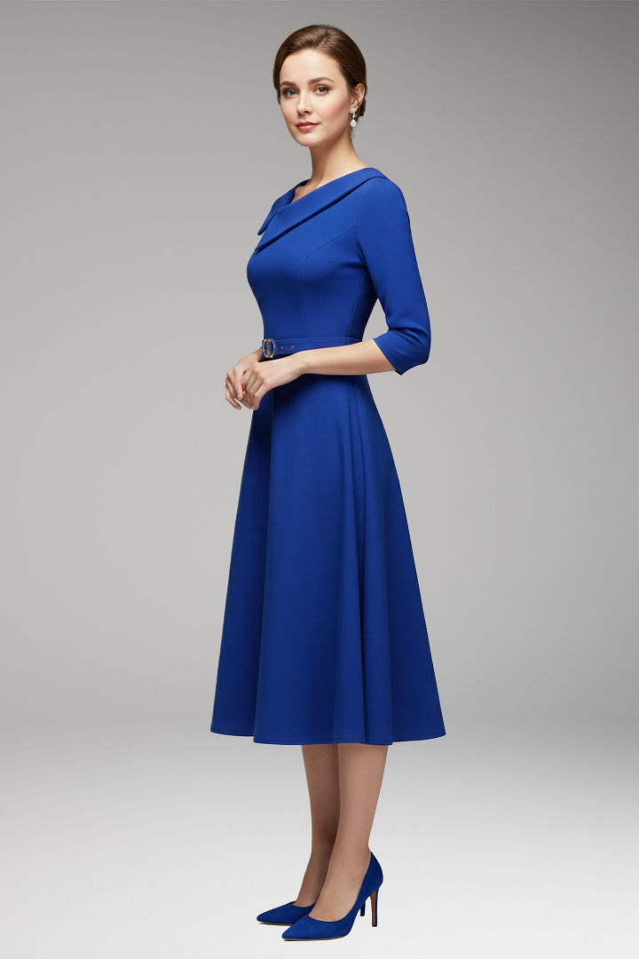 Women's 3/4 Sleeve Festive Dress with Asymmetrical Neckline and Belt 2