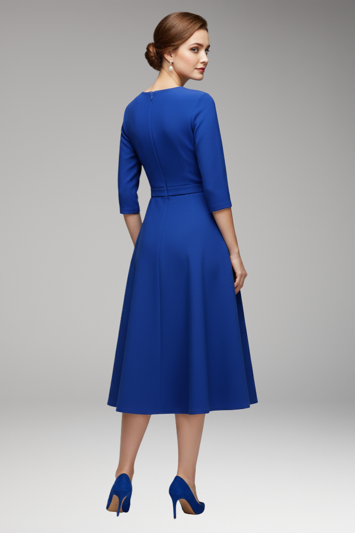 Women's 3/4 Sleeve Festive Dress with Asymmetrical Neckline and Belt 4