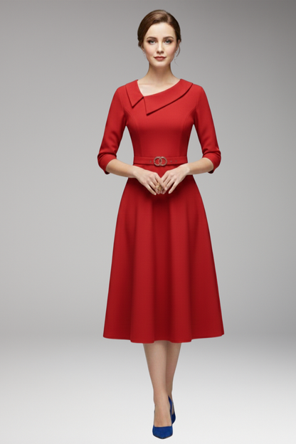 Women's 3/4 Sleeve Festive Dress with Asymmetrical Neckline and Belt 5