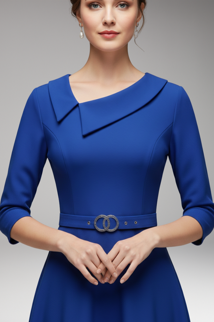 Women's 3/4 Sleeve Festive Dress with Asymmetrical Neckline and Belt 6