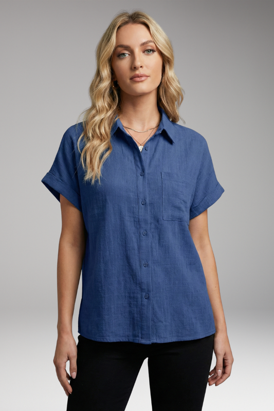 Women's Button-Down Blouse with Short Sleeves and Front Pocket 0