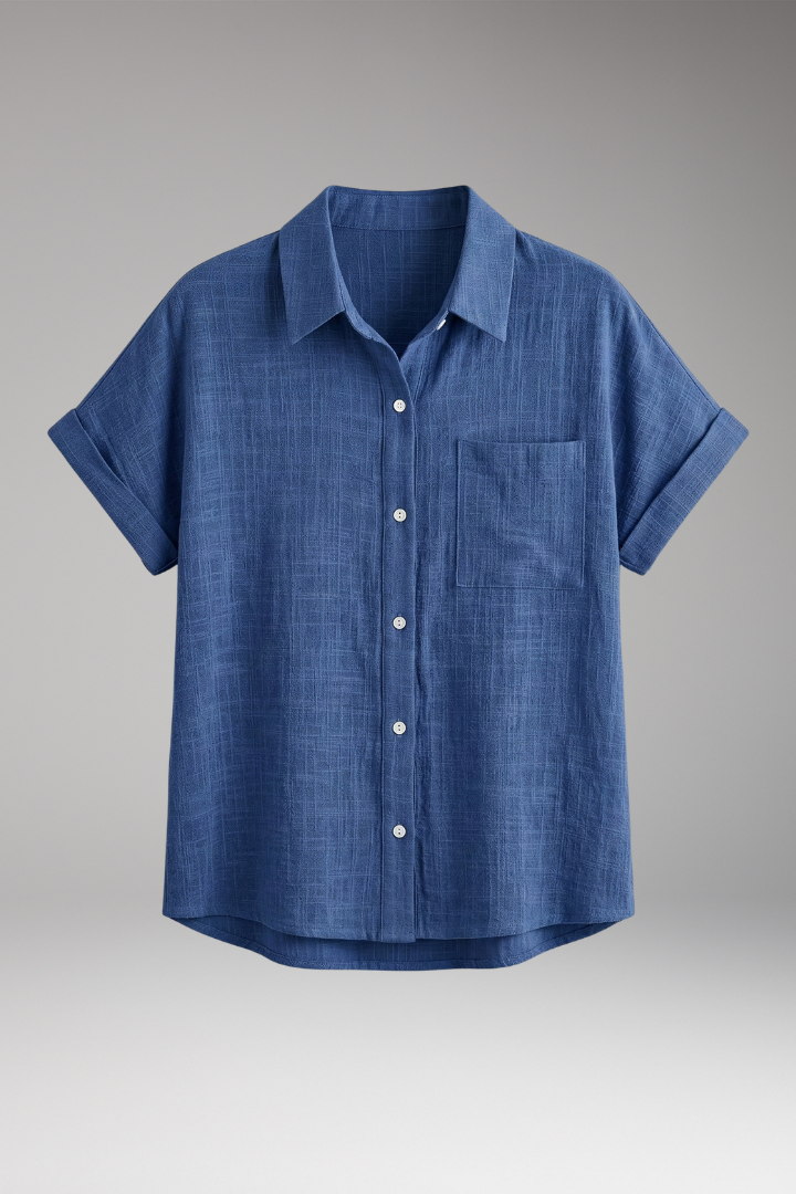 Women's Button-Down Blouse with Short Sleeves and Front Pocket 1