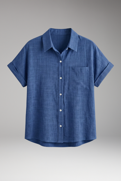 Women's Button-Down Blouse with Short Sleeves and Front Pocket 1