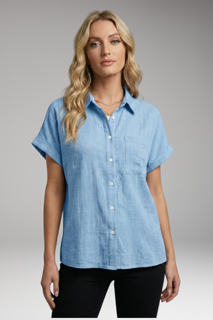 Women's Button-Down Blouse with Short Sleeves and Front Pocket 10