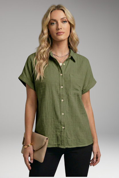 Women's Button-Down Blouse with Short Sleeves and Front Pocket 11