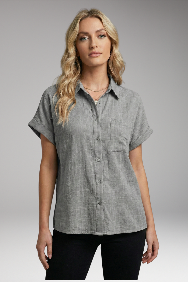 Women's Button-Down Blouse with Short Sleeves and Front Pocket 12
