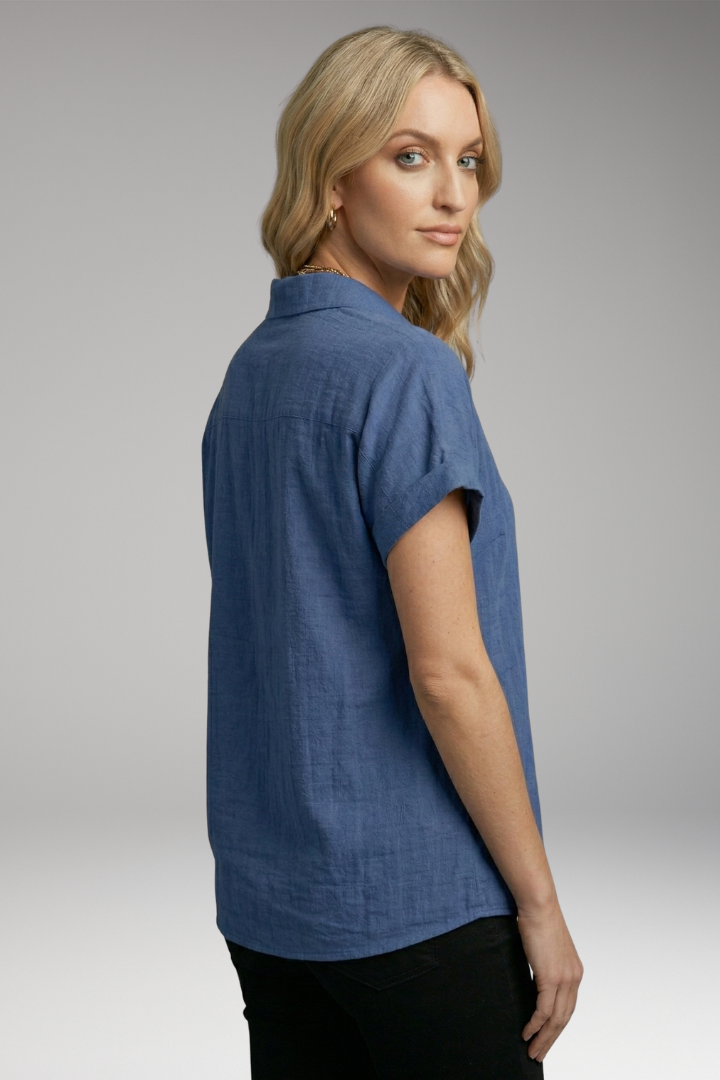 Women's Button-Down Blouse with Short Sleeves and Front Pocket 3