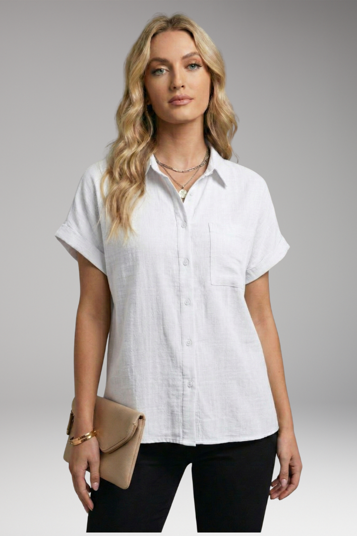 Women's Button-Down Blouse with Short Sleeves and Front Pocket 6