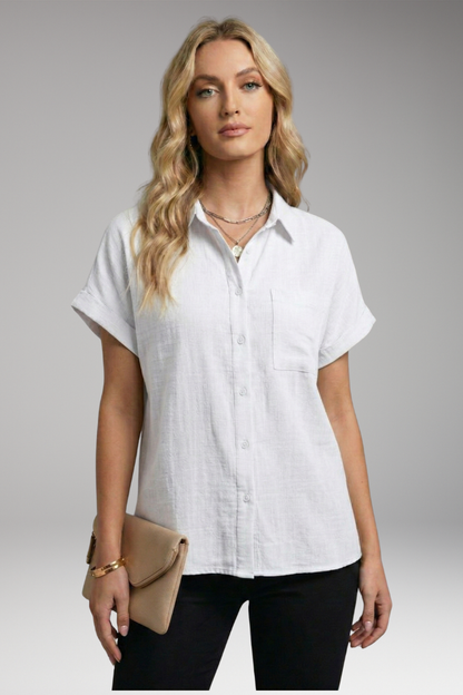 Women's Button-Down Blouse with Short Sleeves and Front Pocket 6