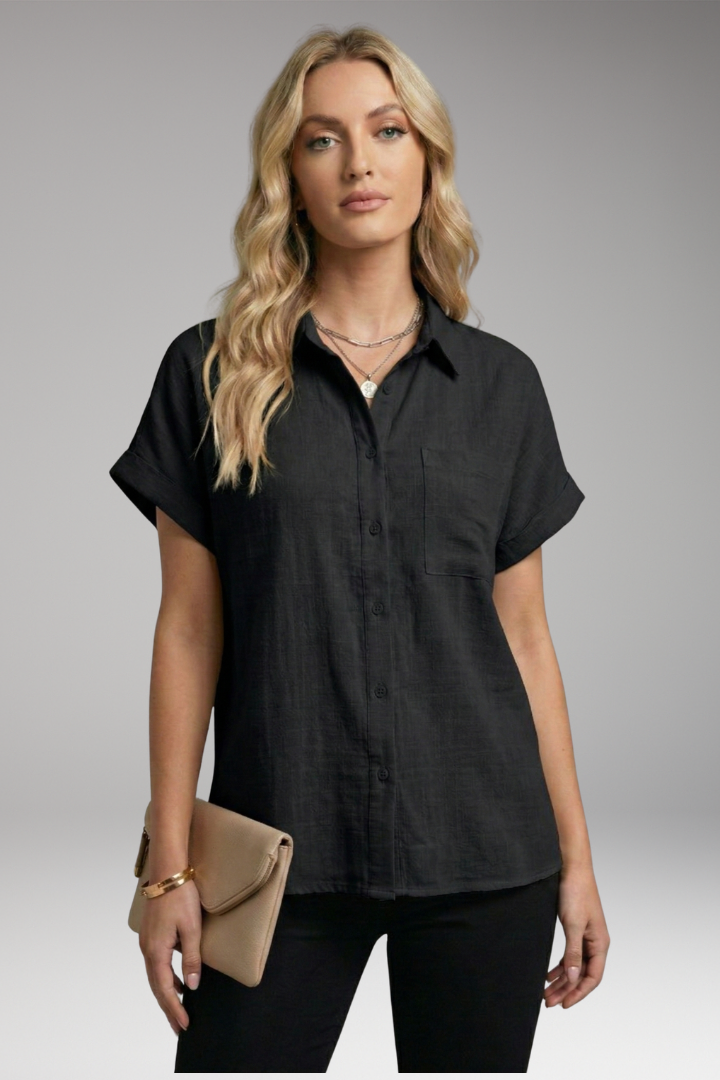 Women's Button-Down Blouse with Short Sleeves and Front Pocket 7