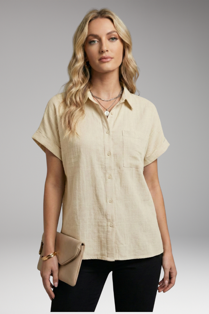 Women's Button-Down Blouse with Short Sleeves and Front Pocket 8