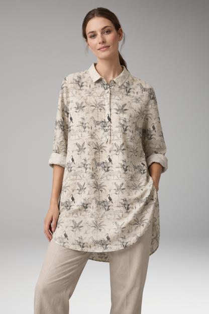 Women's Button-Down Shirt with Floral Print and Rolled Sleeves 0