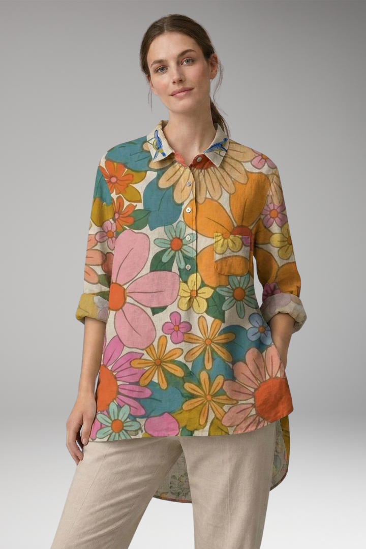 Women's Button-Down Shirt with Floral Print and Rolled Sleeves 11