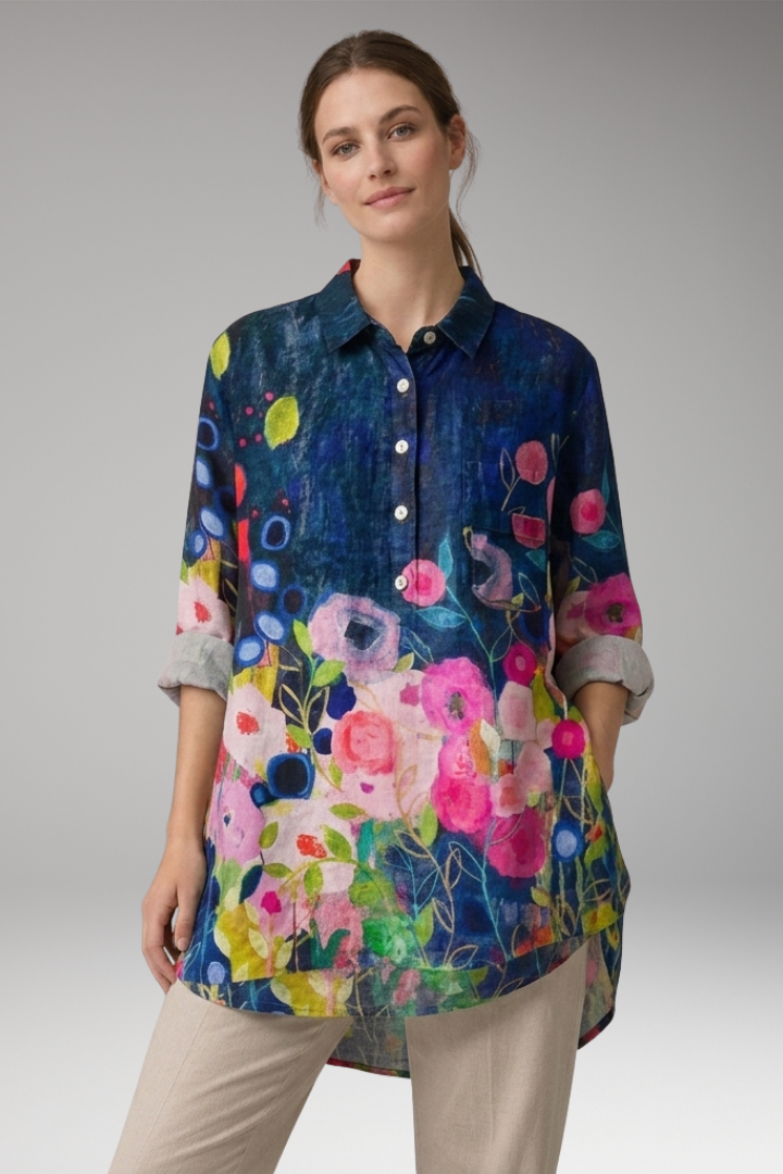 Women's Button-Down Shirt with Floral Print and Rolled Sleeves 12
