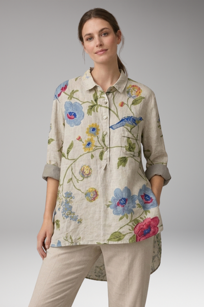Women's Button-Down Shirt with Floral Print and Rolled Sleeves 8