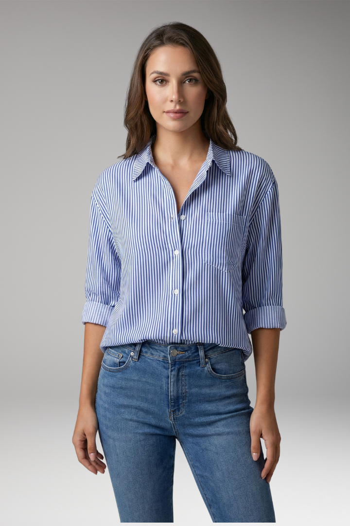 Women's Button-Down Shirt with Striped Design and Rolled Sleeves 0