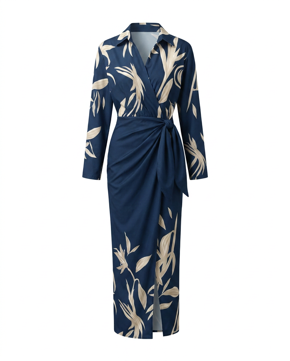 Women's Dress | Leaf Print Maxi Wrap V-Neck 5