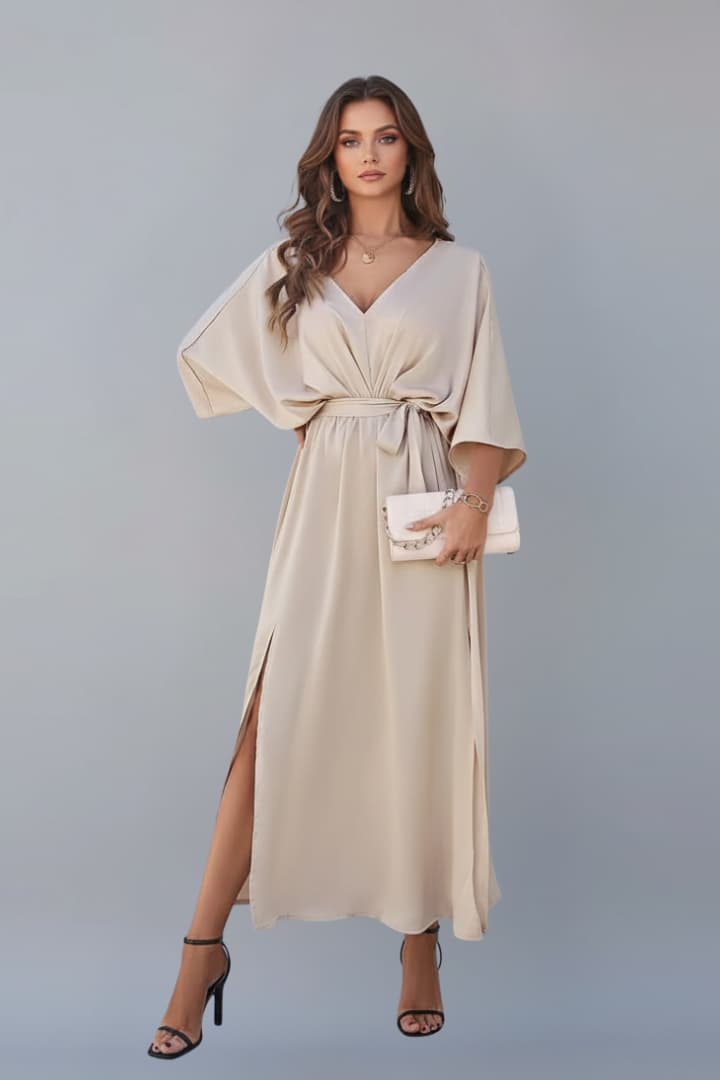 Women's Dress with Waist Tie and Short Loose Sleeves 0