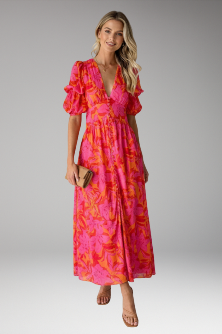 Women's Maxi Dress with V Neck and Puff Sleeves 0