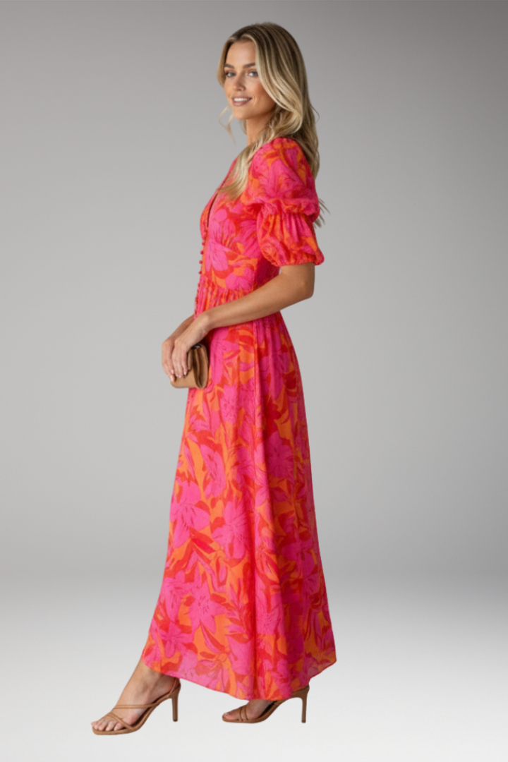 Women's Maxi Dress with V Neck and Puff Sleeves 2