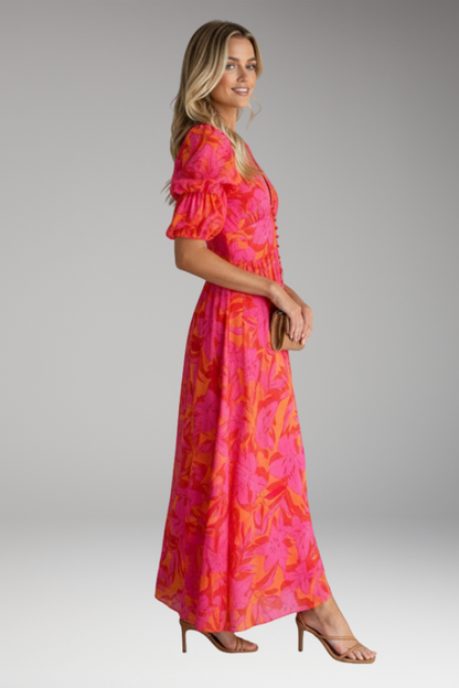 Women's Maxi Dress with V Neck and Puff Sleeves 3