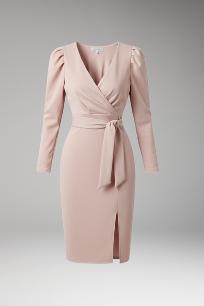 Women's Midi Dress with Waist Tie and Long Sleeves 1