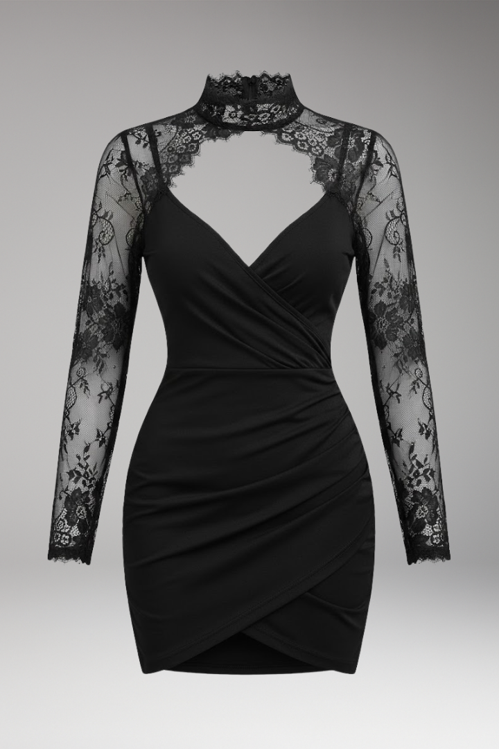 Women's Mini Dress with Lace Trim and High Collar 1