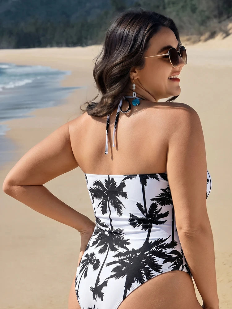 Women’s Palm Tree Print One Piece Swimsuit – Halter Deep V Neck Backless Monokini 6