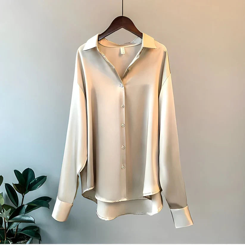 Women's Silk Blouse | Satin Finish & Loose Fit | Long Sleeve & Structured Collar | Voxeya 0