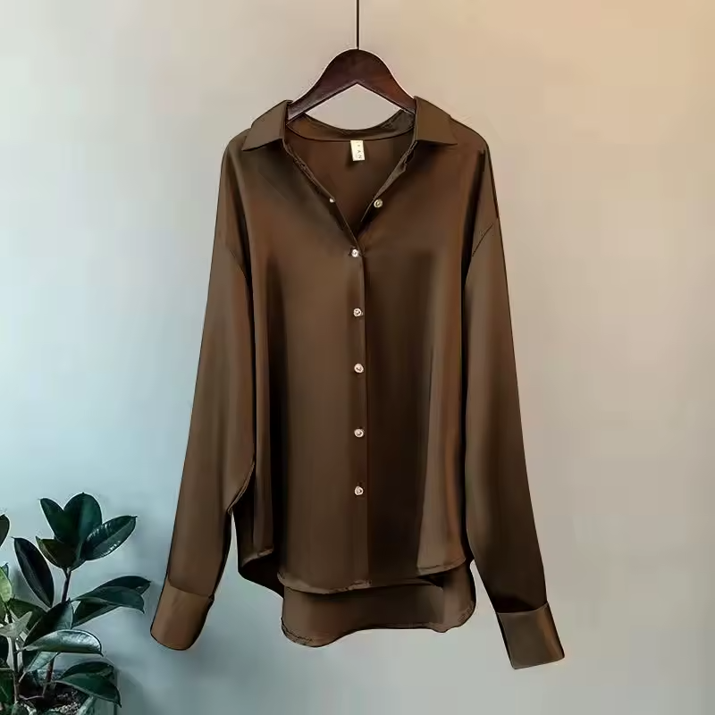 Women's Silk Blouse | Satin Finish & Loose Fit | Long Sleeve & Structured Collar | Voxeya 8
