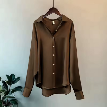 Women's Silk Blouse | Satin Finish & Loose Fit | Long Sleeve & Structured Collar | Voxeya 8