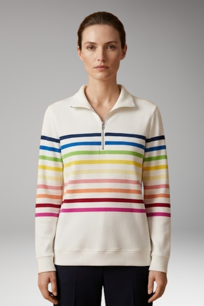 Women's Striped Half-Zip Sweatshirt with Cotton-Blend Fabric and Stand Collar 0