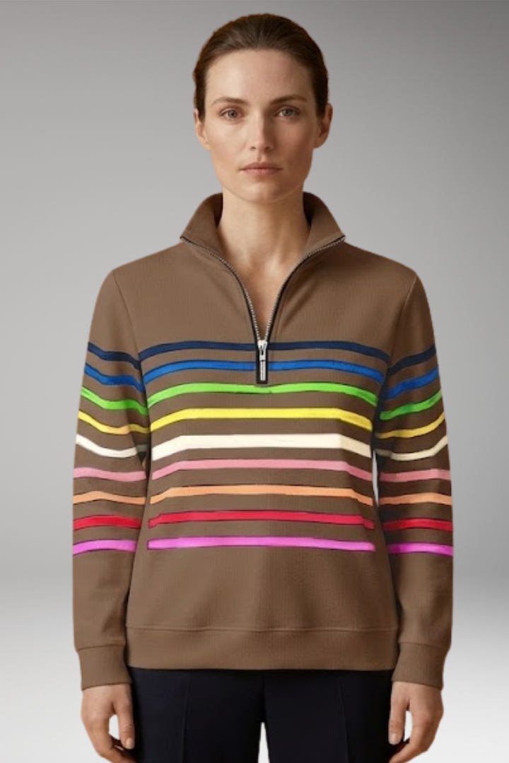 Women's Striped Half-Zip Sweatshirt with Cotton-Blend Fabric and Stand Collar 10