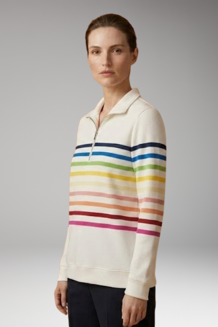 Women's Striped Half-Zip Sweatshirt with Cotton-Blend Fabric and Stand Collar 2