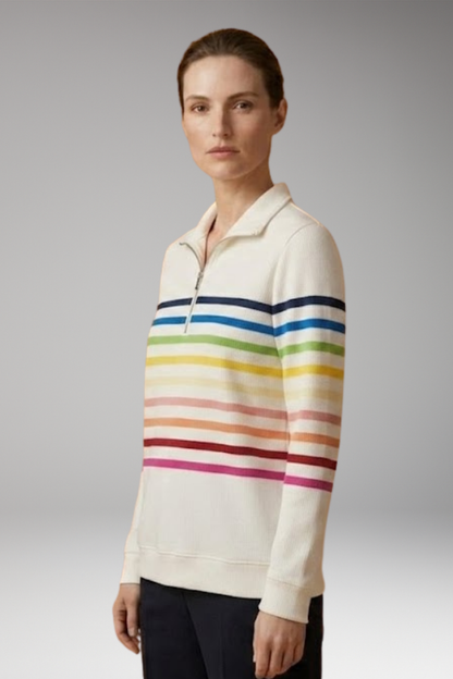 Women's Striped Half-Zip Sweatshirt with Cotton-Blend Fabric and Stand Collar 2