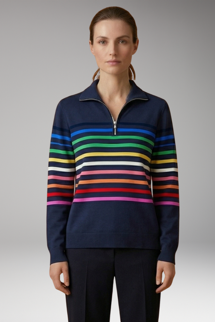 Women's Striped Half-Zip Sweatshirt with Cotton-Blend Fabric and Stand Collar 7