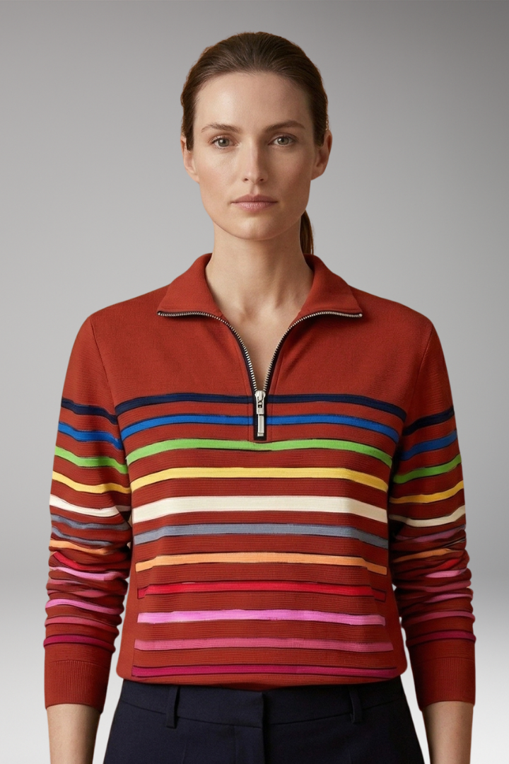 Women's Striped Half-Zip Sweatshirt with Cotton-Blend Fabric and Stand Collar 8