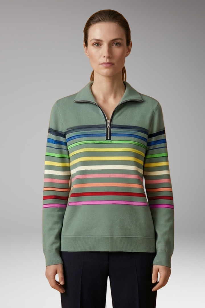 Women's Striped Half-Zip Sweatshirt with Cotton-Blend Fabric and Stand Collar 9
