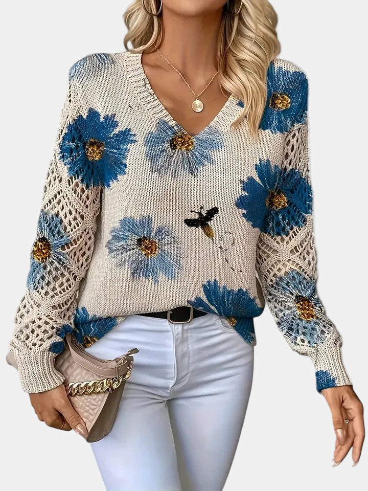 Women's Sweater | Floral Knit V-Neck 0