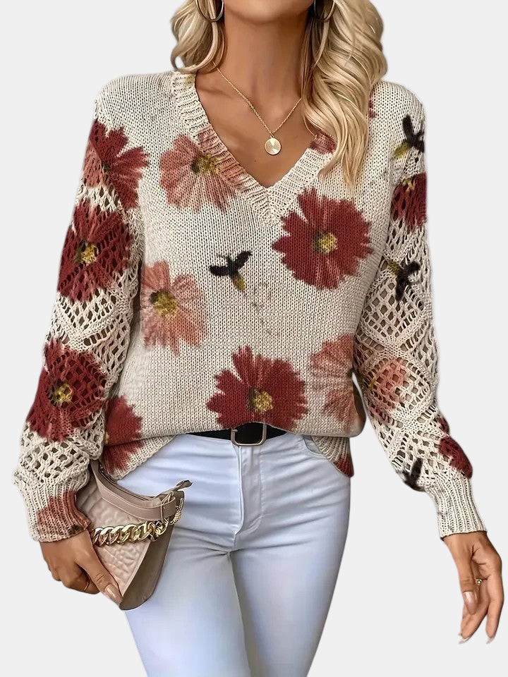 Women's Sweater | Floral Knit V-Neck 1