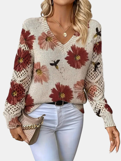Women's Sweater | Floral Knit V-Neck 1