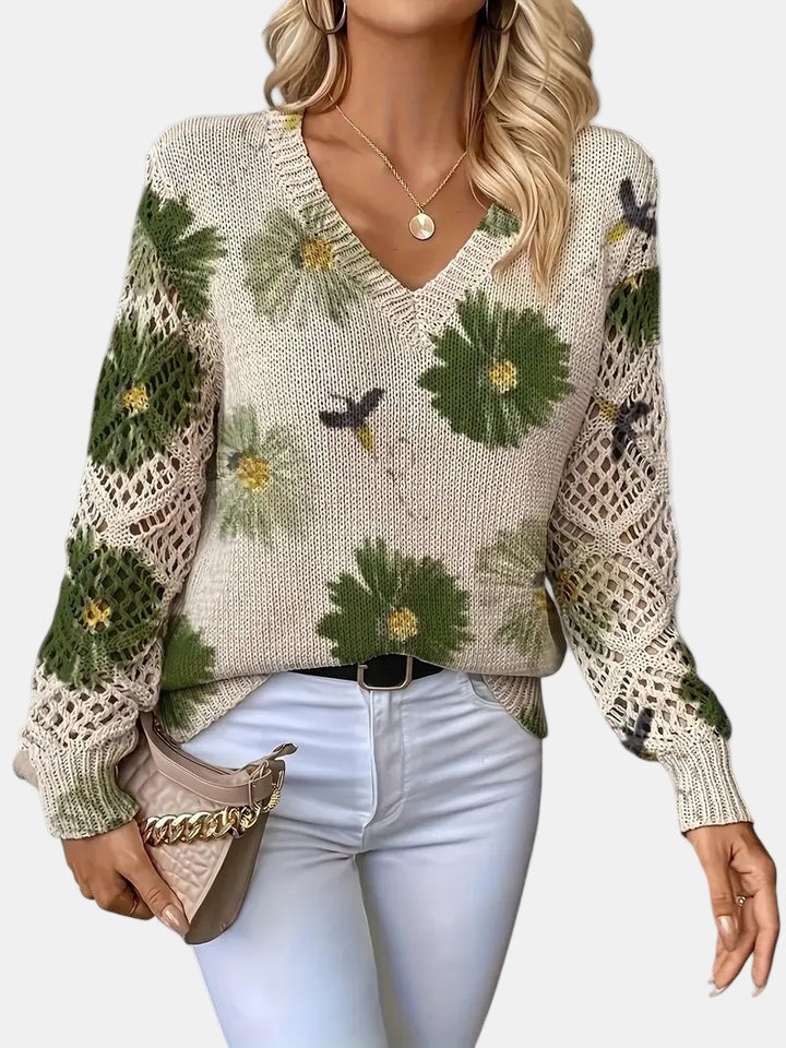 Women's Sweater | Floral Knit V-Neck 2
